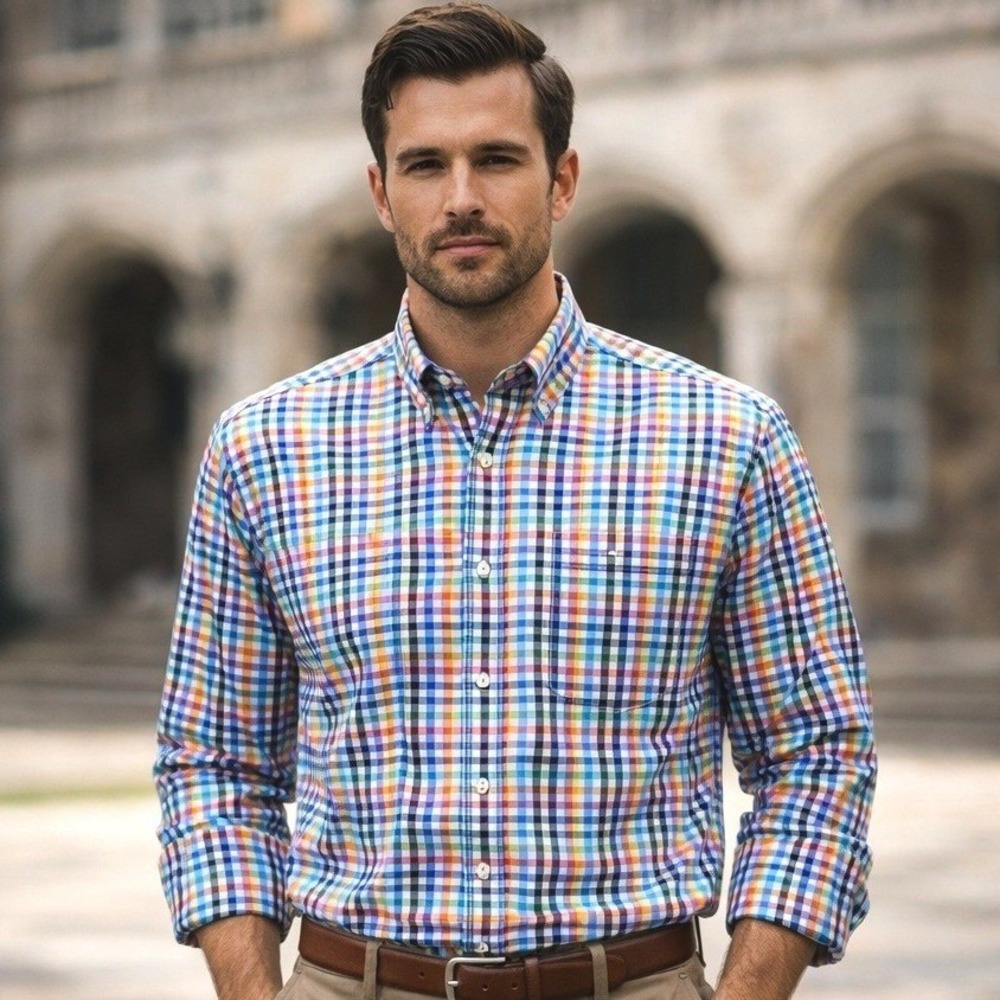 SCOTT‎ BARBER Mens XL Rainbow Gingham Plaid Shirt Cotton Button Down L